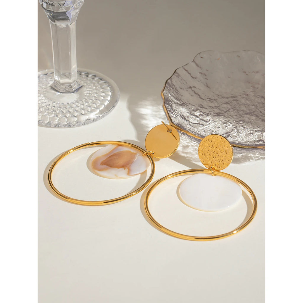 18K Gold Plated Anti Allergic Stainless Steel Hammer Grain Round Shell Hoop Earrings Charm Daily Exquisite Jewelry Bijoux Femme