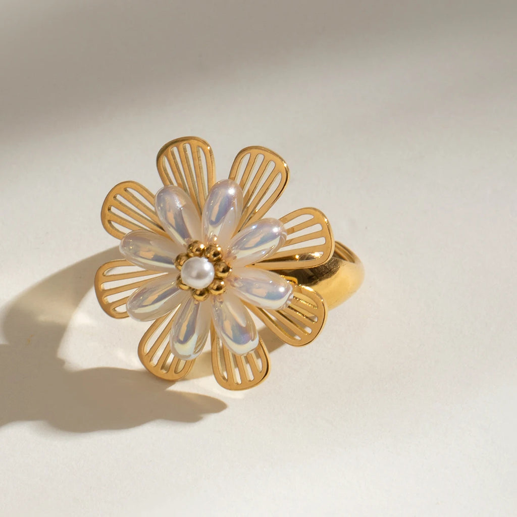 Vintage 18K Stainless Steel Shell Beads Hollow Plastic Flower Open End Ring Women Anti Allergic Charm Daily Jewelry Bijoux Femme