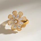 Vintage 18K Stainless Steel Shell Beads Hollow Plastic Flower Open End Ring Women Anti Allergic Charm Daily Jewelry Bijoux Femme