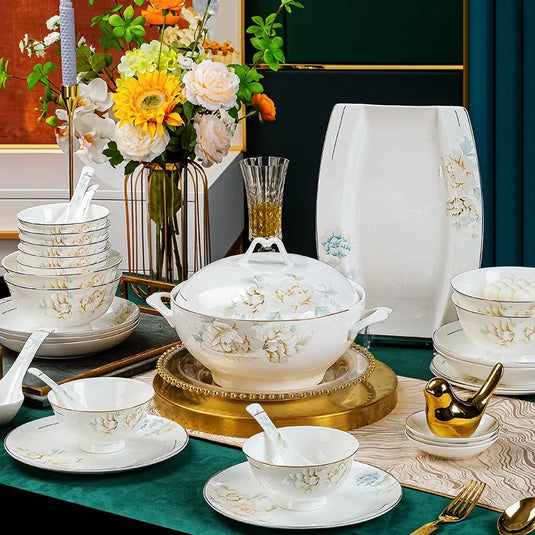 Jingdezhen Bone Porcelain Bowl and Dish Set, Light Luxury Ceramic Tableware Bowl and Chopstick Set