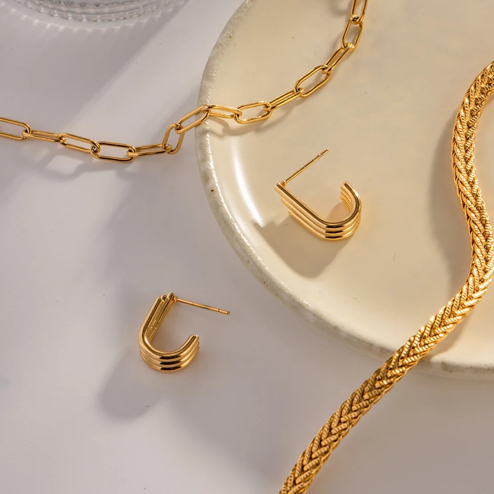 18k forgyldt minimalistisk lys Hyggelig tre-lags cirkel U-formede øreringe i rustfrit stål, kvinder, rustfrit statement smykker