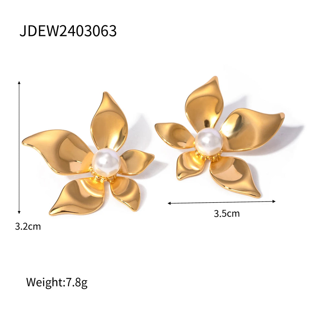 Light Luxury 18K Plated Stainless Steel Golden Flower Leaf Design Earrings Ring Set Women Vintage Fashion Personality Jewelry
