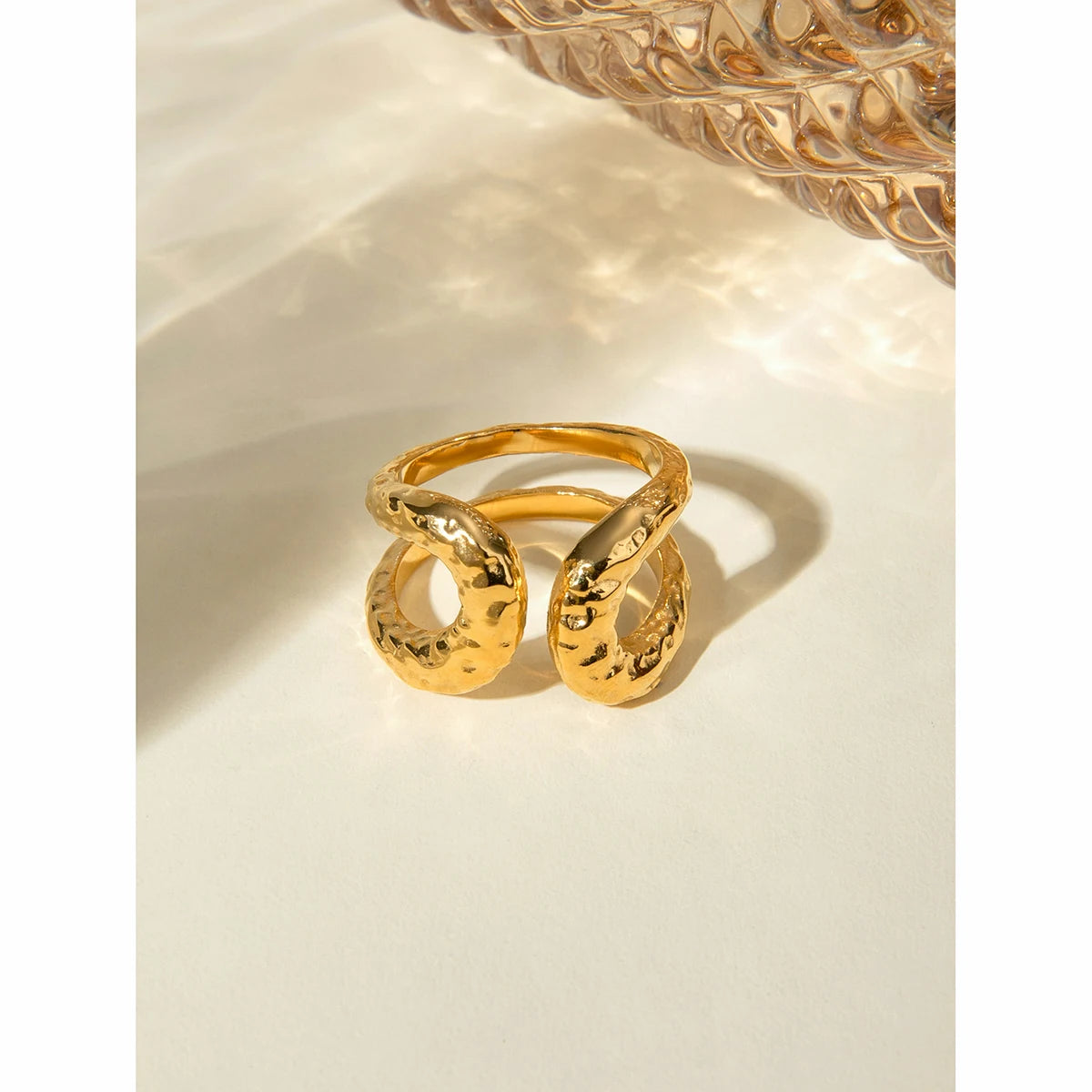 18k guldbelagt stilfuldt unikt enkelt dobbeltlags hammerkorn åben ring rustfrit stål anti-allergene smykker til kvinder