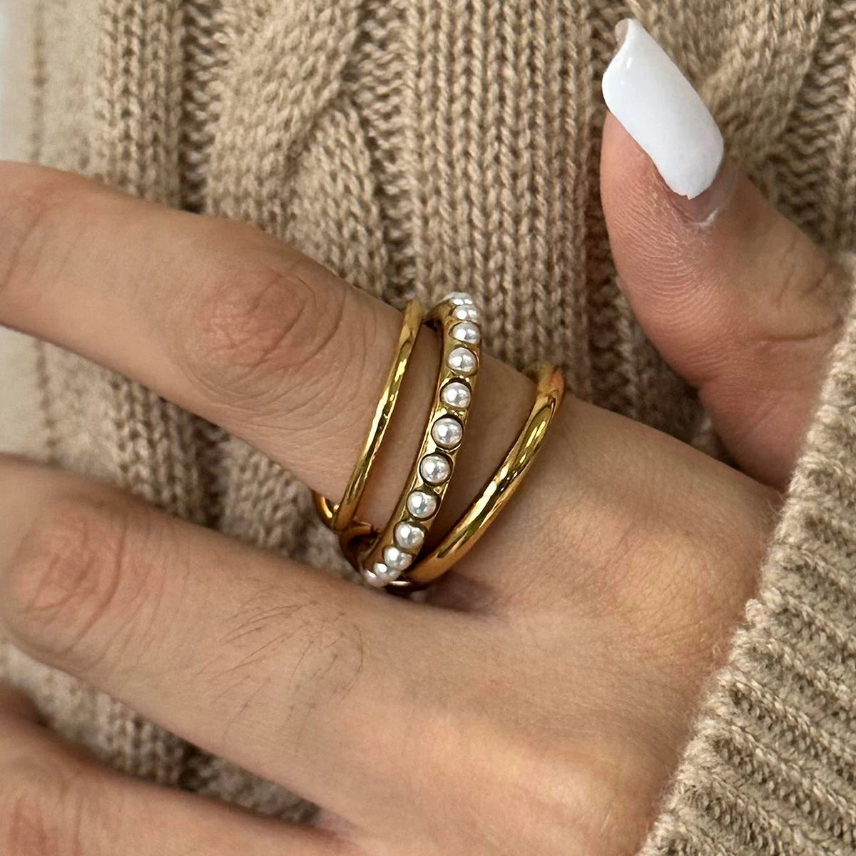 Anello aperto a tre strati con perla di vetro geometrica, misura 8, metallo in acciaio inossidabile placcato 18K PVD, gioielleria antiallergica