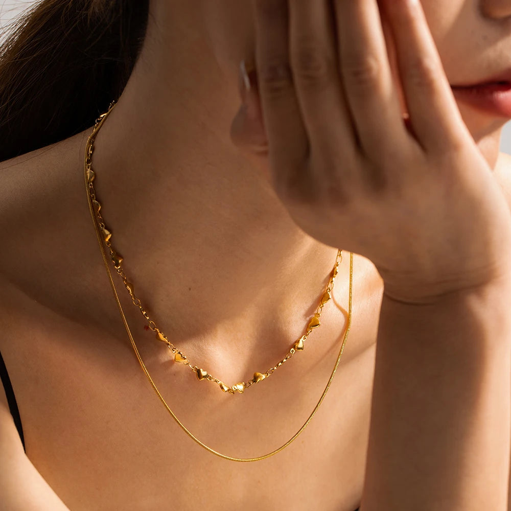 Collar de Doble Capa de Amor de Acero Inoxidable Impermeable Chapado en Oro PVD de 18K Accesorios de Moda para Mujer Joyería Regalo