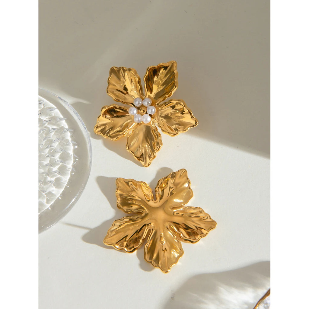 Trendy 18k Stainless Steel Vintage Imitation Shell Bead Flower Texture Earrings Women Statement Texture Rust Proof Jewelry