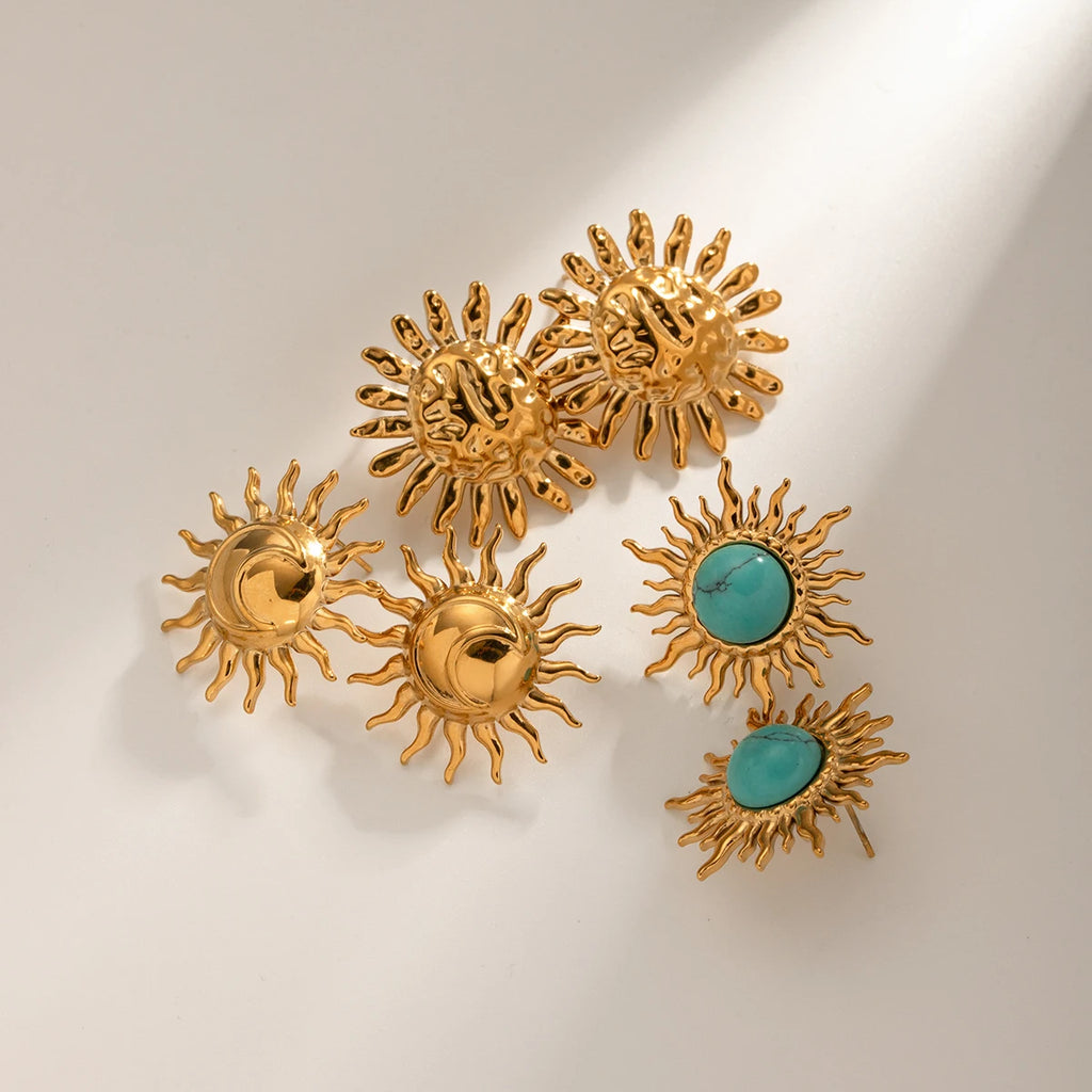 18k Gold Plated Stainless Steel Turquoise Inlay Sunflower Shaped Dangle Earrings Stylish Trendy Waterproof Jewelry for Women