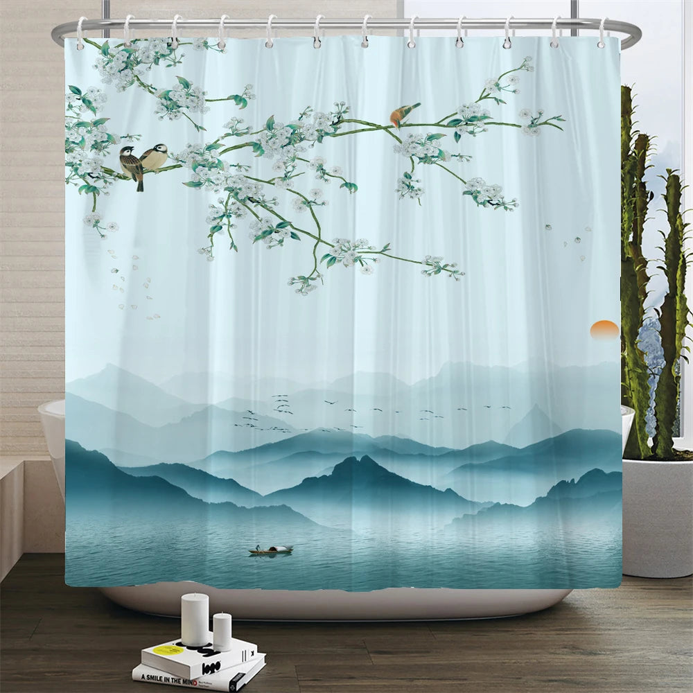 Chinese style Flowers and Birds Waterproof Shower Curtain Set Toilet Seat Cover Bath Non-Slip Mat Rug Carpet Bathroom Decor