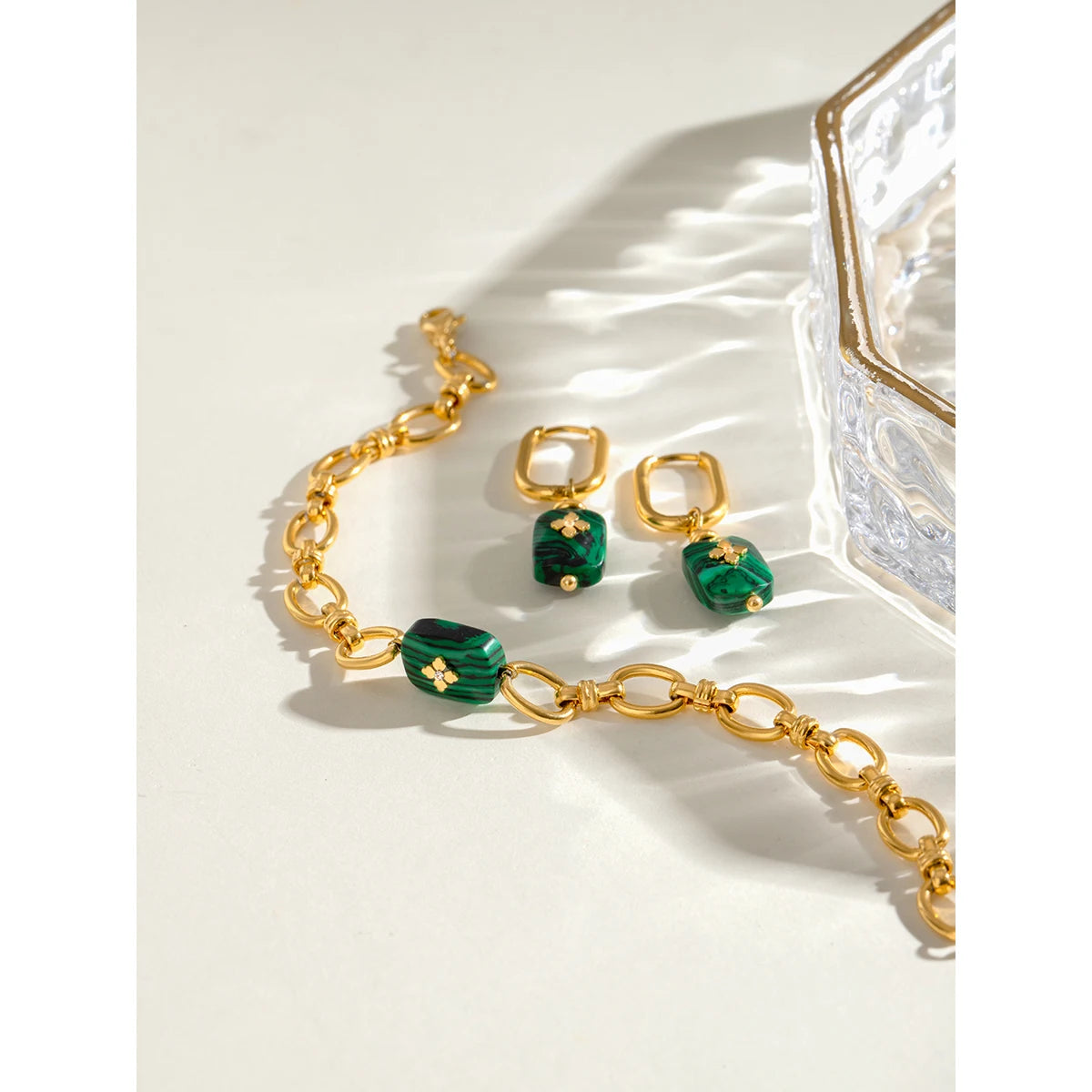 Malachit Anhänger Ohrringe Armband Edelstahl Metall 18K Gold PVD-beschichtet Damen Allergievorbeugend Attraktiver Schmuck