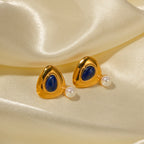 Edelstahl 18k vergoldete minimalistische Dreieck-Ohrstecker mit Lapislazuli besetzt Femme Gala schick stilvoller Schmuck