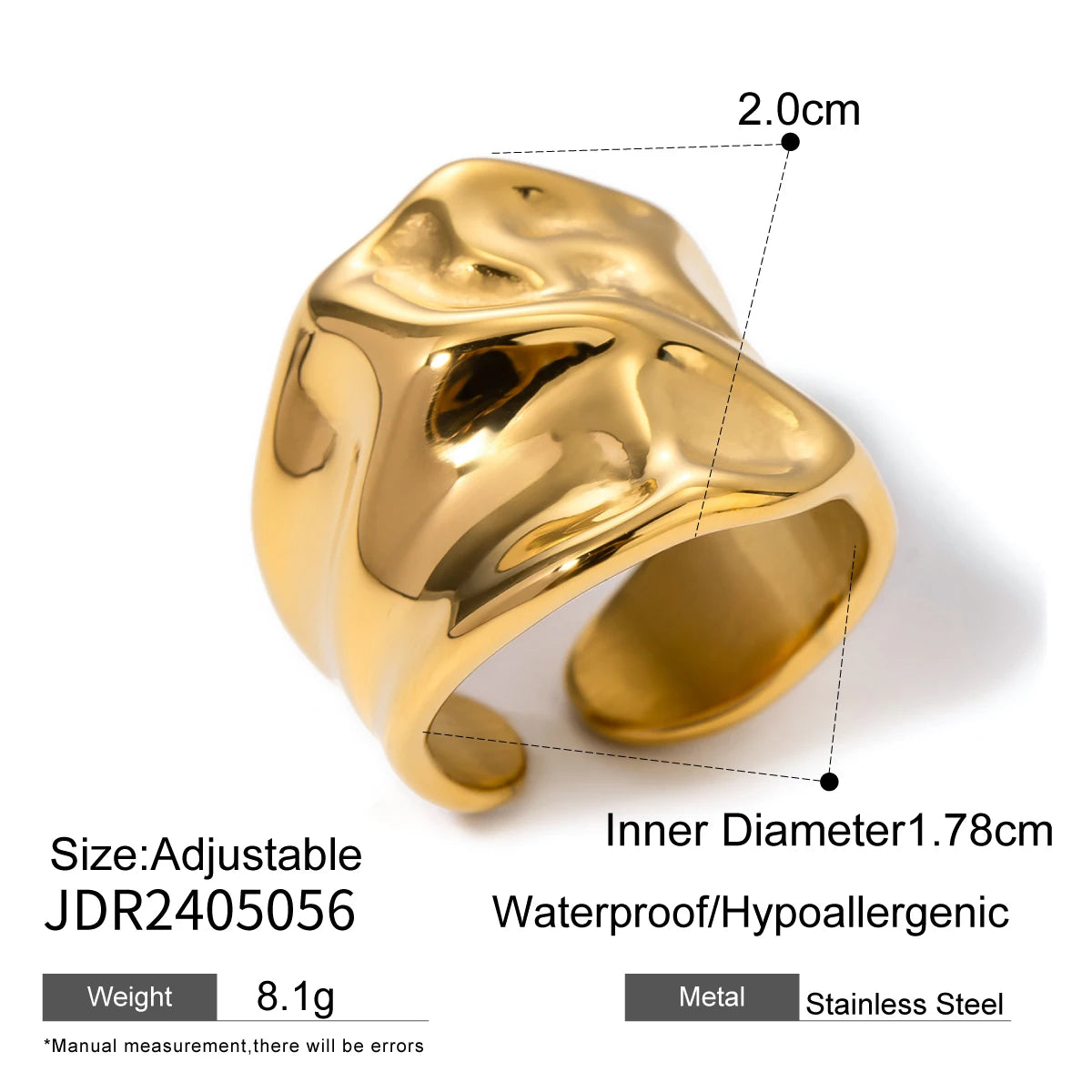 18K PVD Plated Fashion Big Hammer Grain Smooth Open Ring Stainless Steel Women Prevent Allergy Trendy Daily Femme Gift