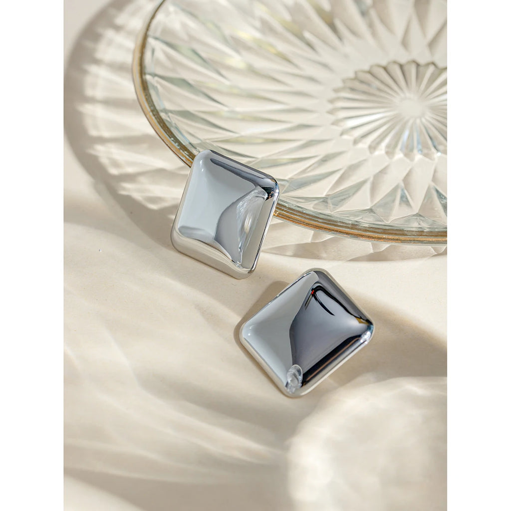 18K Square Smooth Stud Earrings for Women Stainless Steel Metal Texture Steel Color Waterproof Charm Sweet Jewelry Gift New