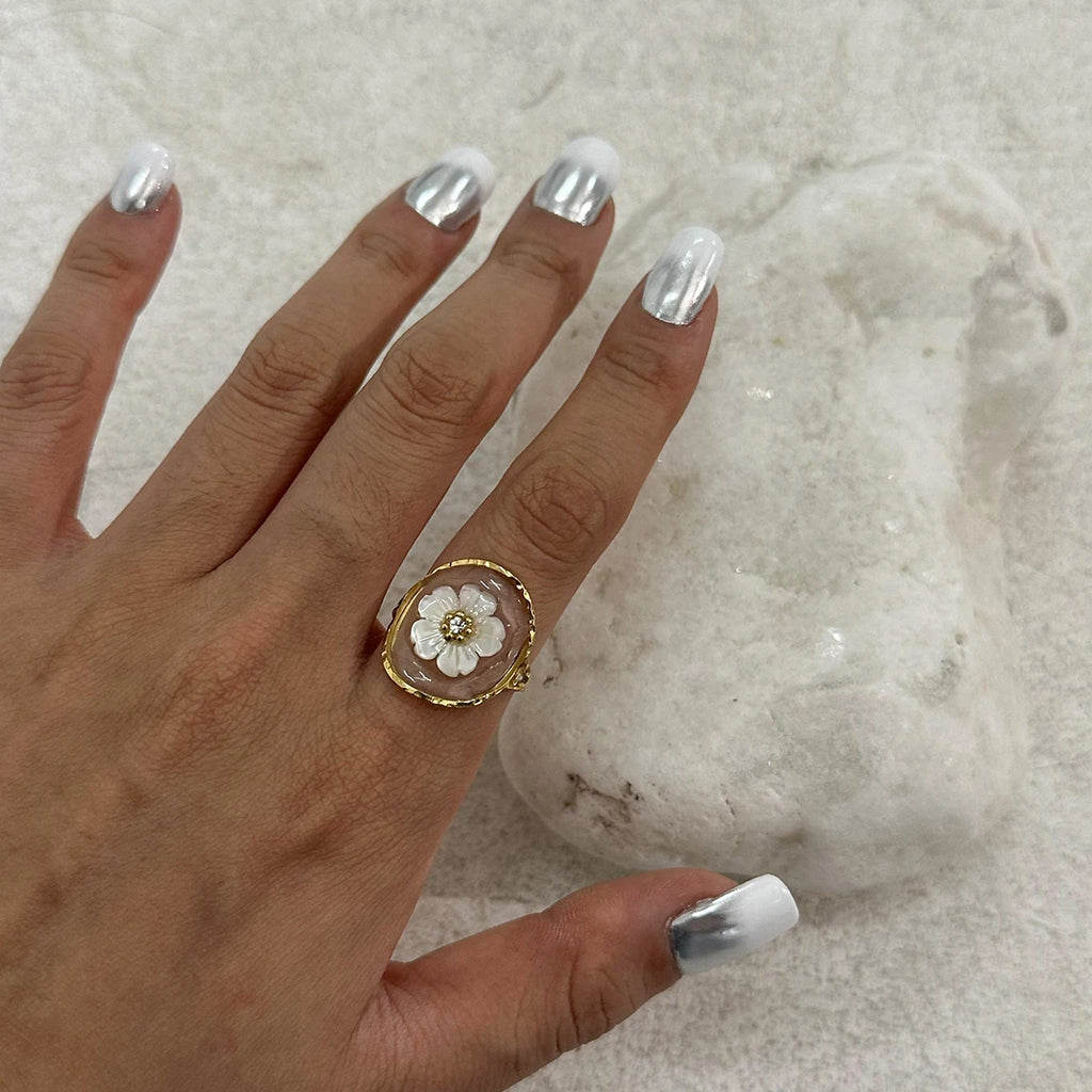 18K Gold Plated Stainless Steel Oval Shell Flower Steel Bead Open Ring Women Creative Anti Allergic Charm Daily Jewelry