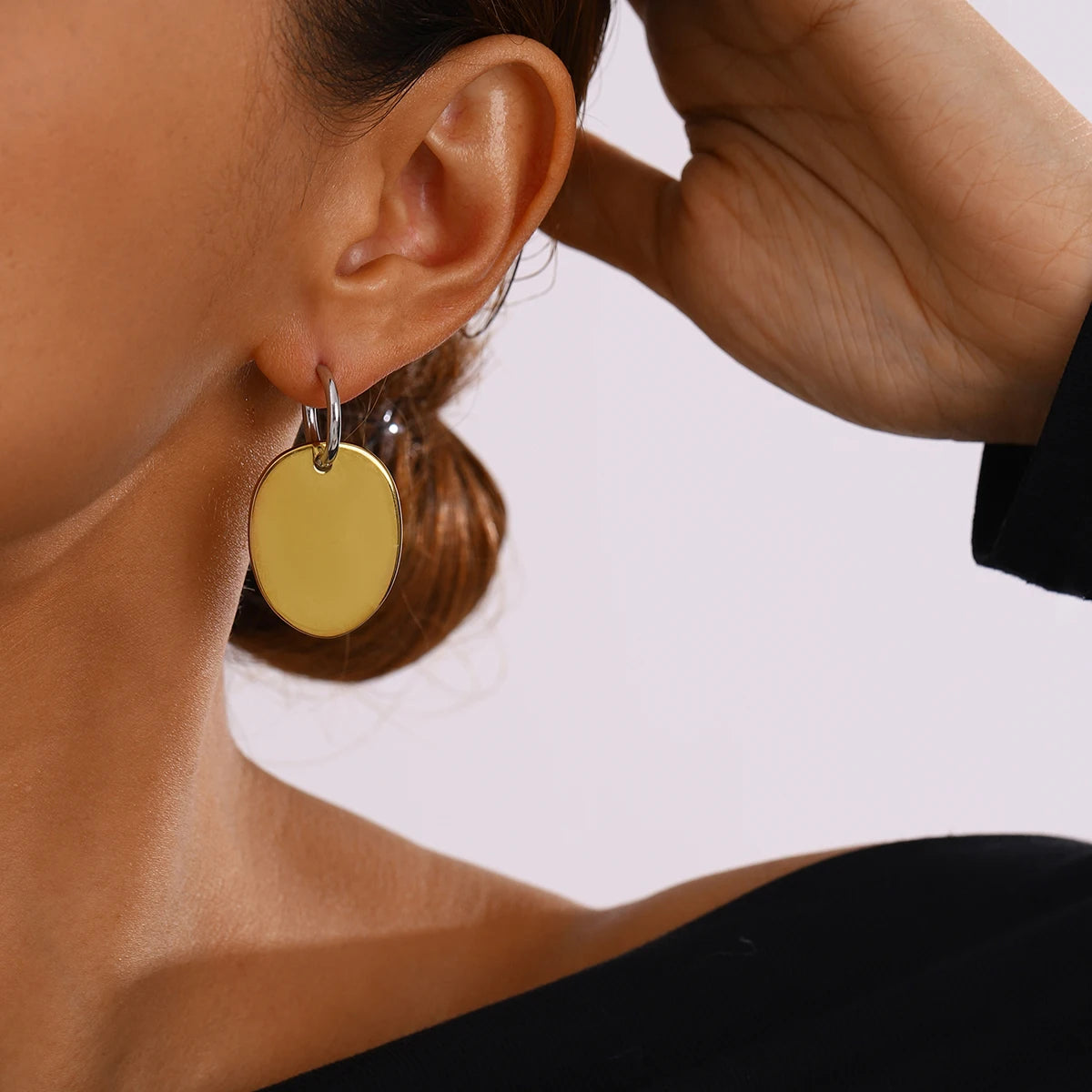 Geometrische Gold-Silber Farbblockierte Glatte Oval-Ohrringe aus Edelstahl für Damen, Statement, rostfrei, stilvoller Schmuck