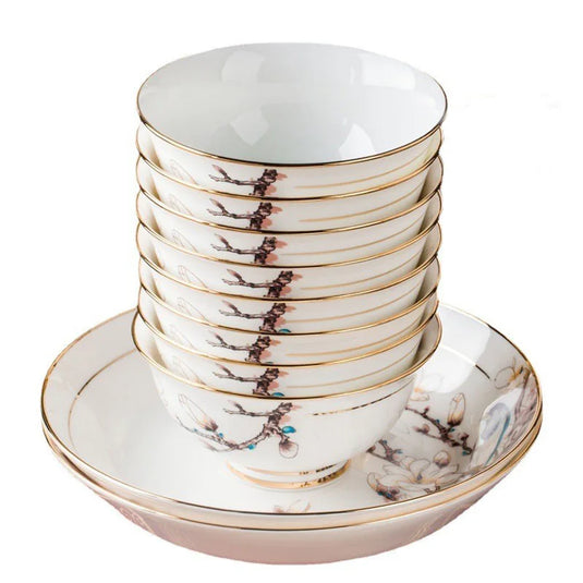 Jingdezhen Ceramic Tableware 10 Personal Tableware Set Gold Painted Household Bowls, Dishes, Bone Porcelain Set