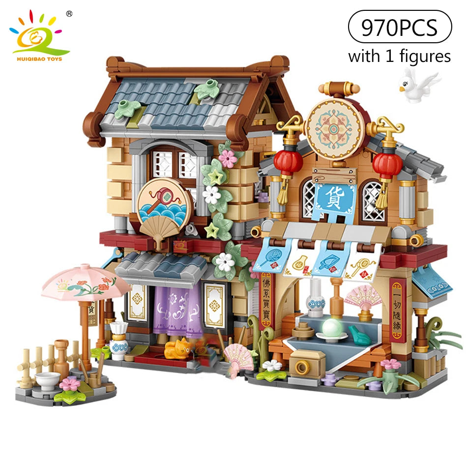 HUIQIBAO City Mini Chinese Street View Grocery Store Meat Shop Building Blocks Japanese Food  Ice Shop Figures Bricks Toys Child