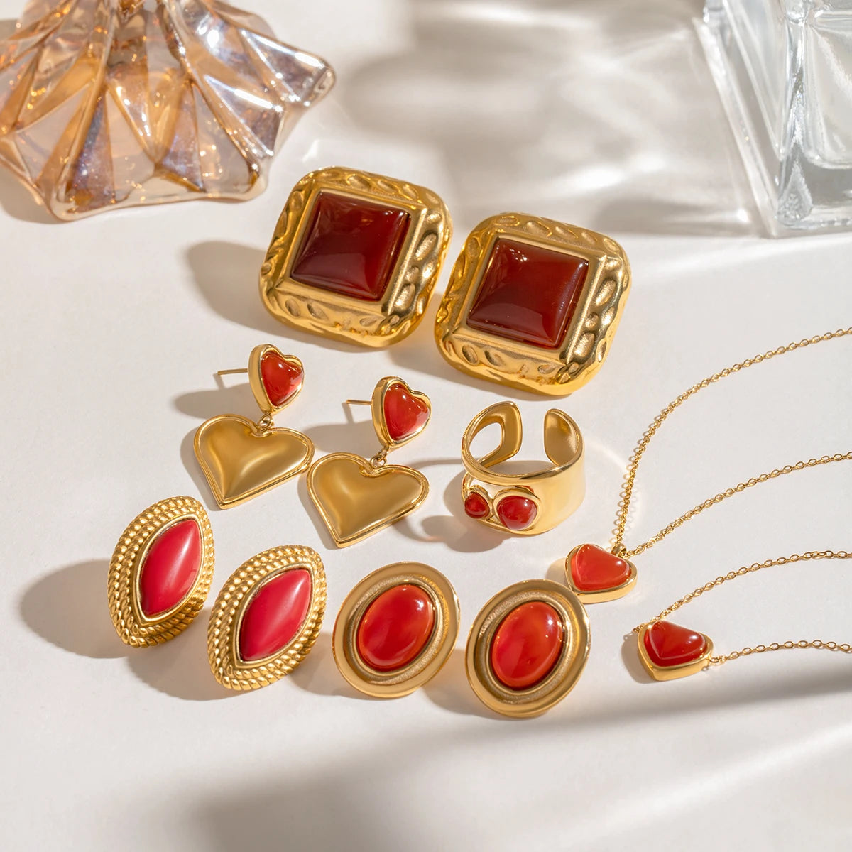 18k forgyldt rustfrit stål indlagt natursten rød agat øreringe Halskæde Armbånd serie Bijoux Femme vandtætte smykker