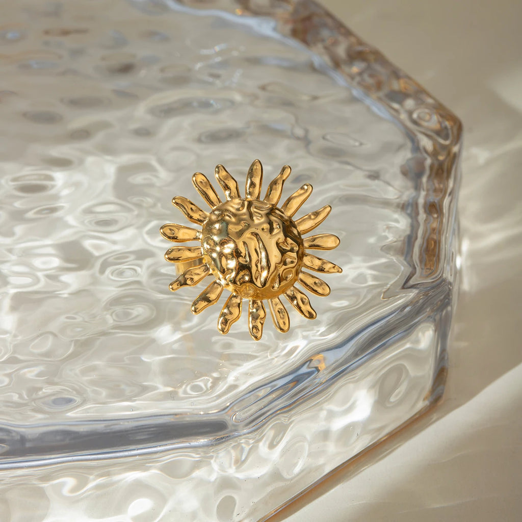 Anti-Allergisch 18K vergoldeter, sonnenblumenförmiger Öffnungsring aus Edelstahl für Damen, freier Temperament-Charme, täglicher Schmuck