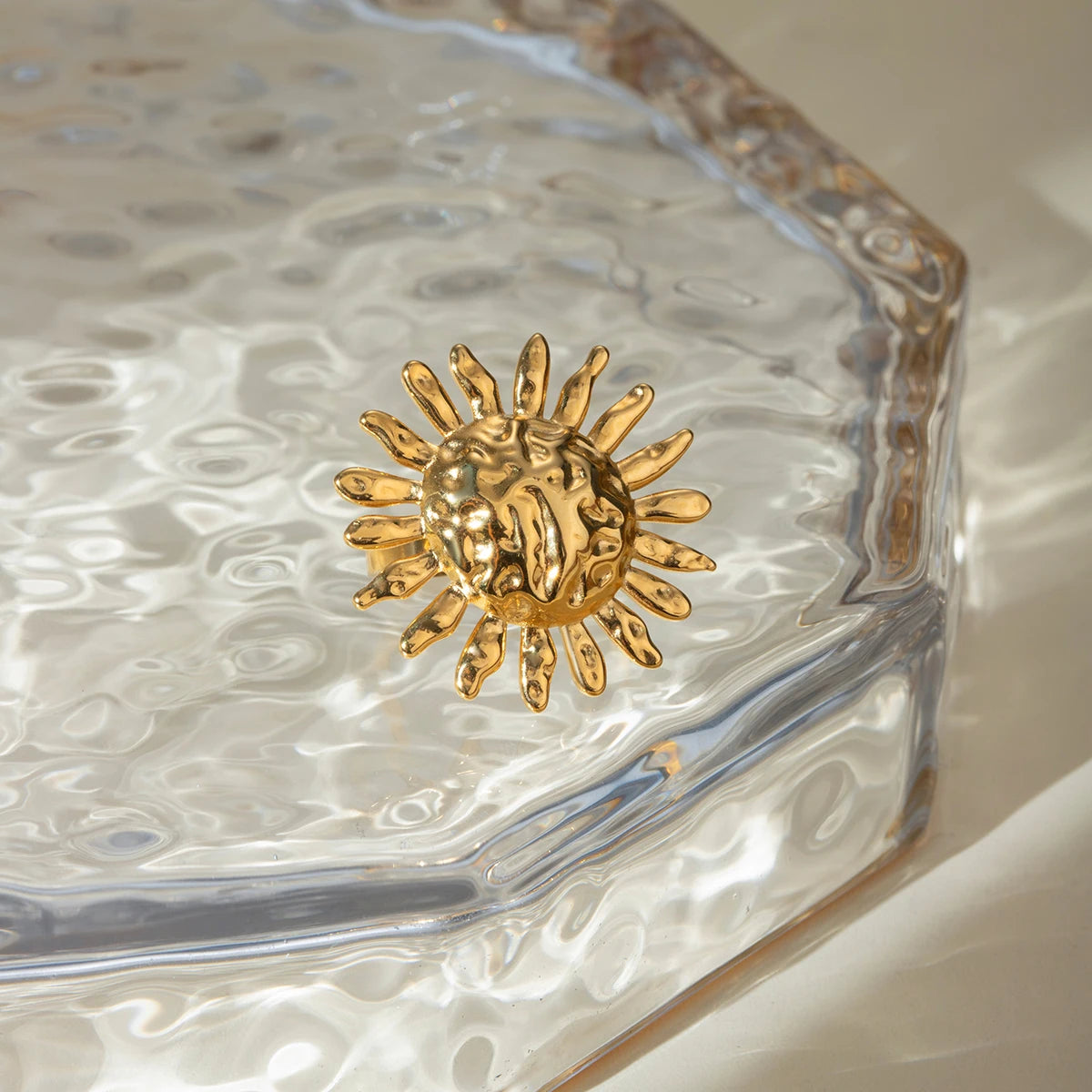 Anti-Allergisch 18K vergoldeter, sonnenblumenförmiger Öffnungsring aus Edelstahl für Damen, freier Temperament-Charme, täglicher Schmuck