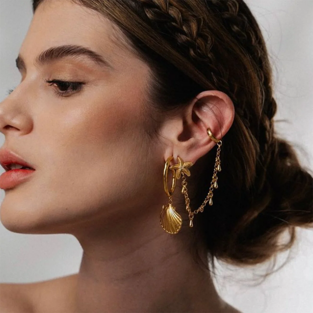 18K forgyldt udsøgt geometrisk rustfrit stålStarfish Multi Layer kvast Vanddråbe øreclips Dame Statement smykker