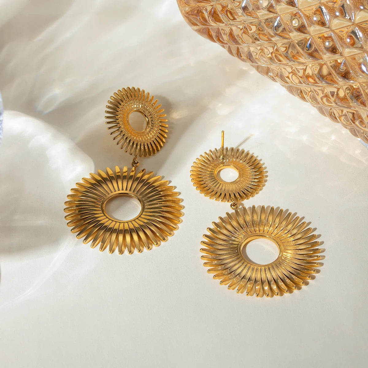 18K PVD Plated Stainless Steel Minimalist Double Layer Sunflower Stud Earrings Waterproof High Quality Attractive Women Jewelry - Grand Goldman