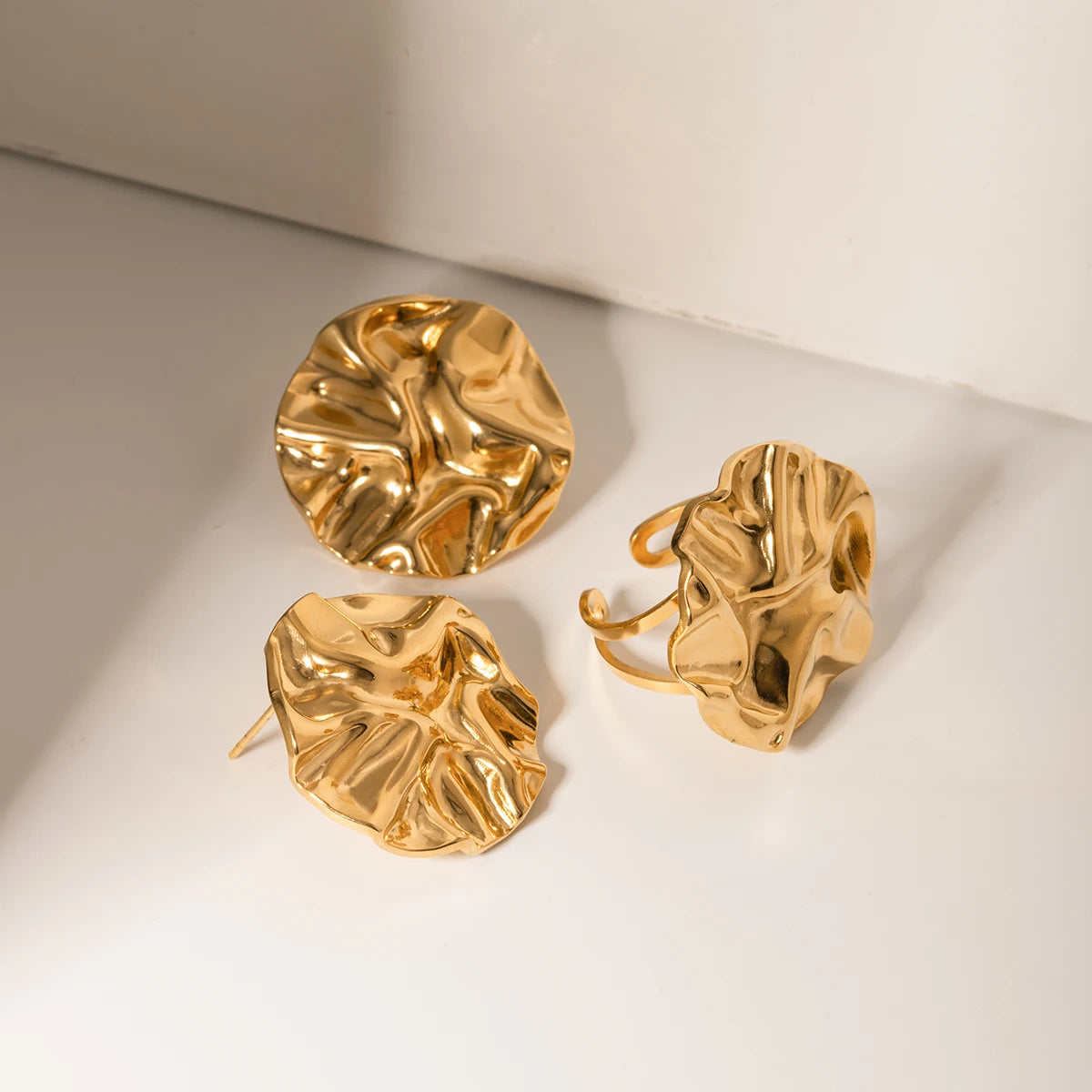 Ensemble de bague/ boucle d'oreille ronde en métal inoxydable, antirouille, nouvelle tendance, personnalité, déclaration, bijoux élégants et étanches pour femmes