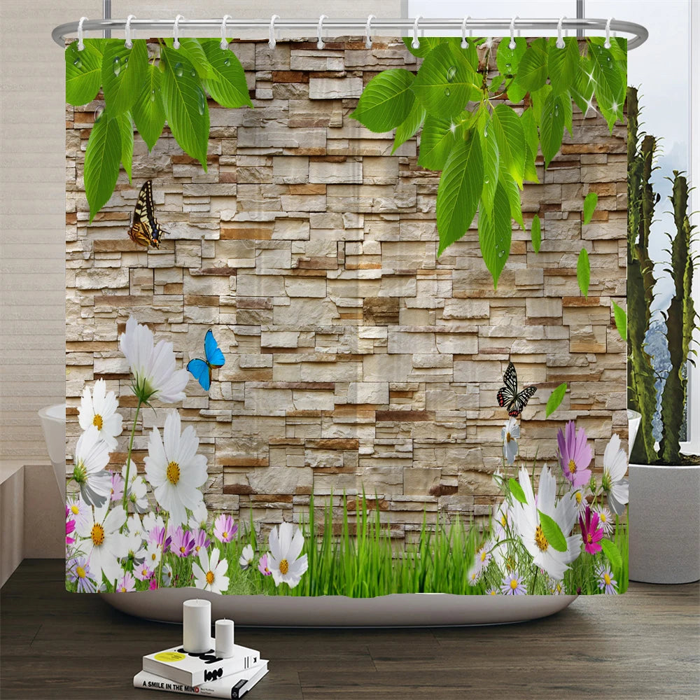 پرده دوش ضدآب چاپ منظره گل فضای باز پلی‌استر 3D نمای خیابان باغ دکوراسیون منزل