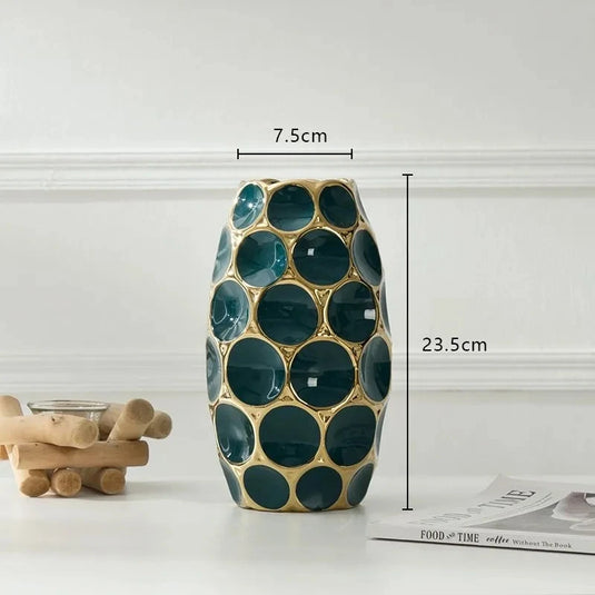 Luxurious Ceramic Vase for Dried Flower Pot Modern Wobble Plate Amphora Elegant Home Decorations Golden Convex Patterned Urn Refined Tabletop Vase for Living Room and Entrance Premium European Style Blossom Perfect Gift for Special Occasions