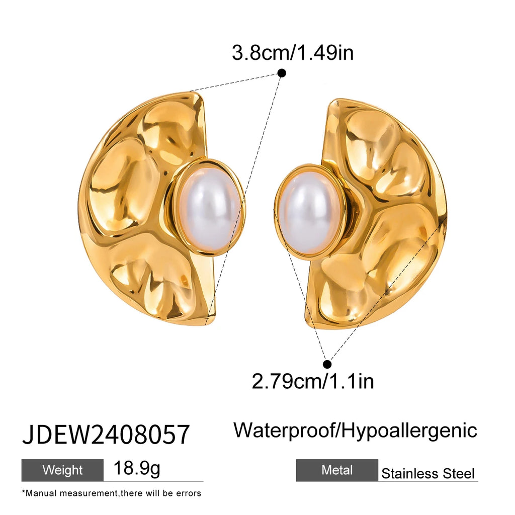 Stainless Steel 18k Gold Plated Vintage Imitation Shell Bead Fan-shaped Hammer Earrings Women Temperament Fashion Charm Jewelry