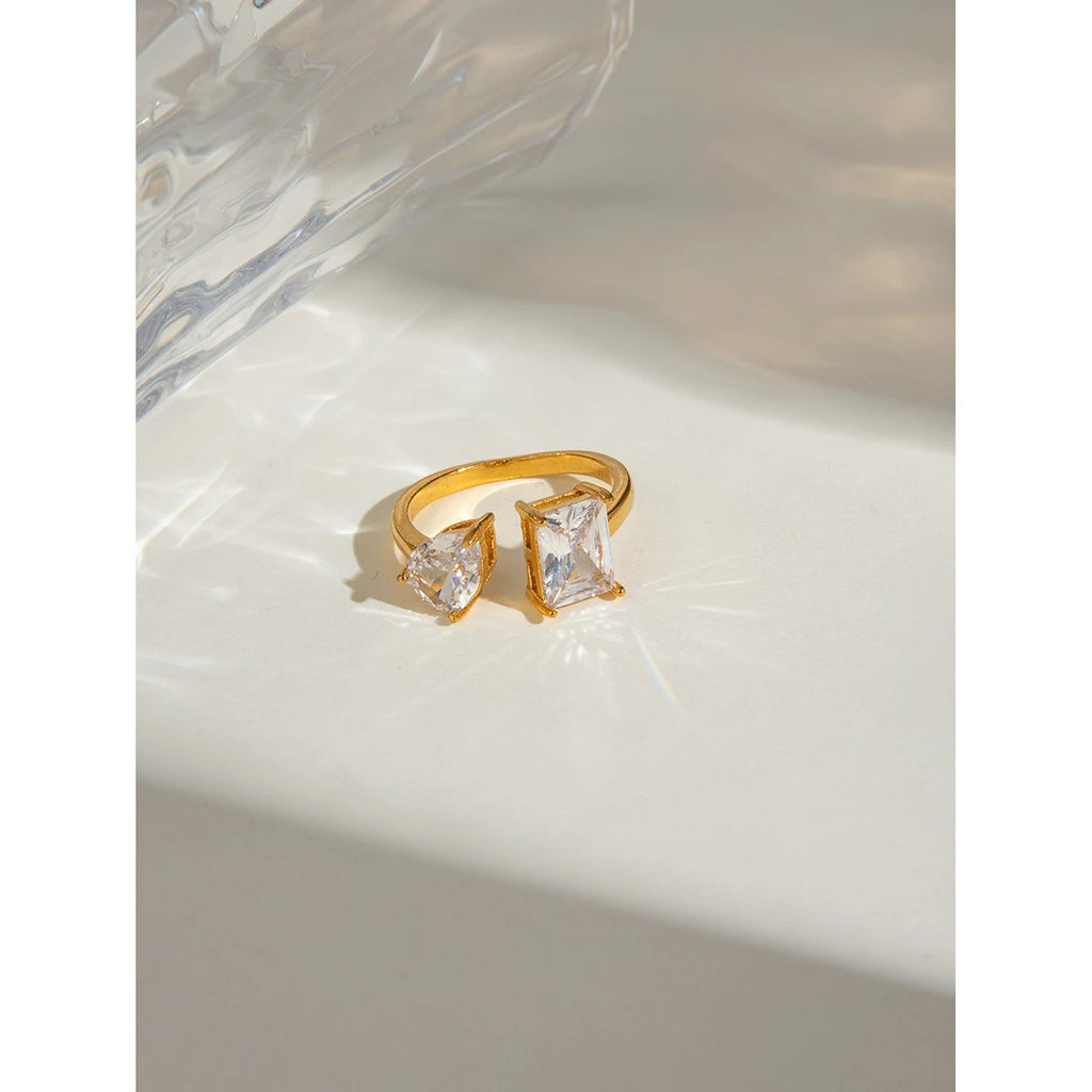 18K vergoldeter Edelstahl rechteckiger Tropfenförmiger Zirkonia offener Ring für Damen, antiallergisches Metall, Statement-Schmuck