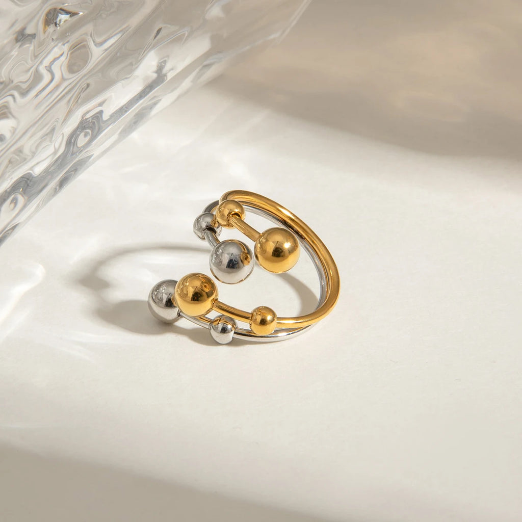 Gold Silver Color Matching Personalized Size Ball Double-layer Opening Ring Women Anti Allergic Metal Charm Daily Jewelry - Grand Goldman