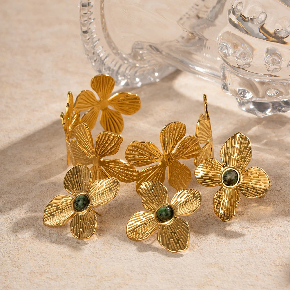 Edelstahl Übertriebene Blumen Armband Ohrringe Ringe Set Wasserdicht 18K Gold PVD Beschichtet Für Damen Modischer Schmuck Set