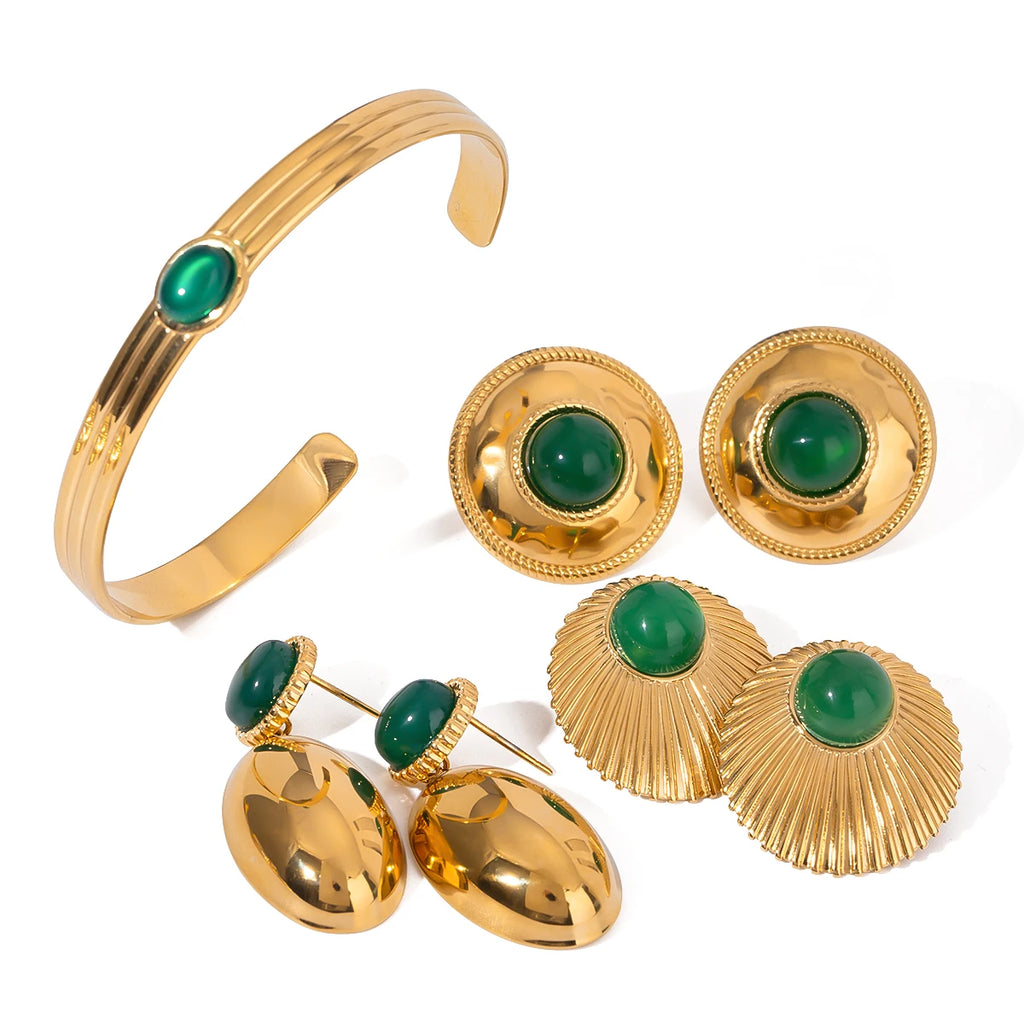Stainless Steel 18K Vintage Round Green Agate Set Pendant Earrings Open Bangle Rust-proof Attractive Jewelry Accessories