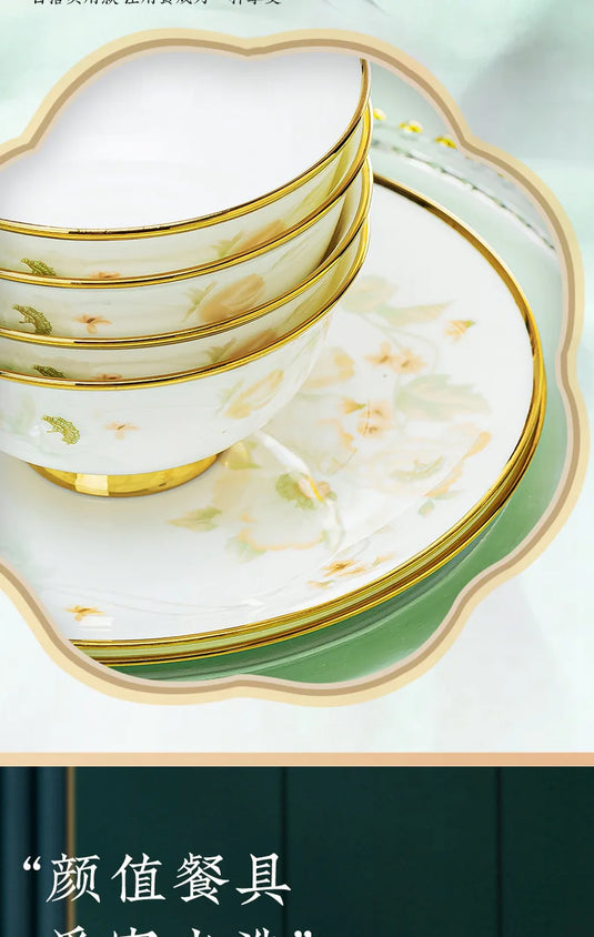 Jingdezhen Ceramic Tableware, Light Luxury Bone Porcelain Tableware Set, Household Bowl and Chopstick Plate Combination