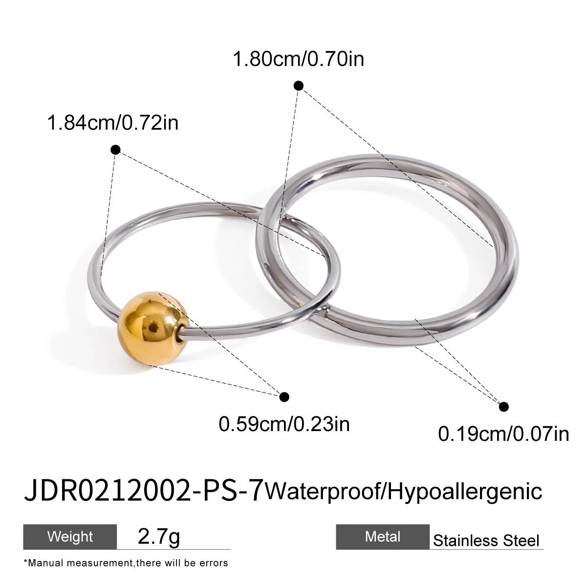 Bague personnalisée Zora minimaliste en acier inoxydable plaqué or 18 carats, double boucle croisée bicolore or et argent avec boule