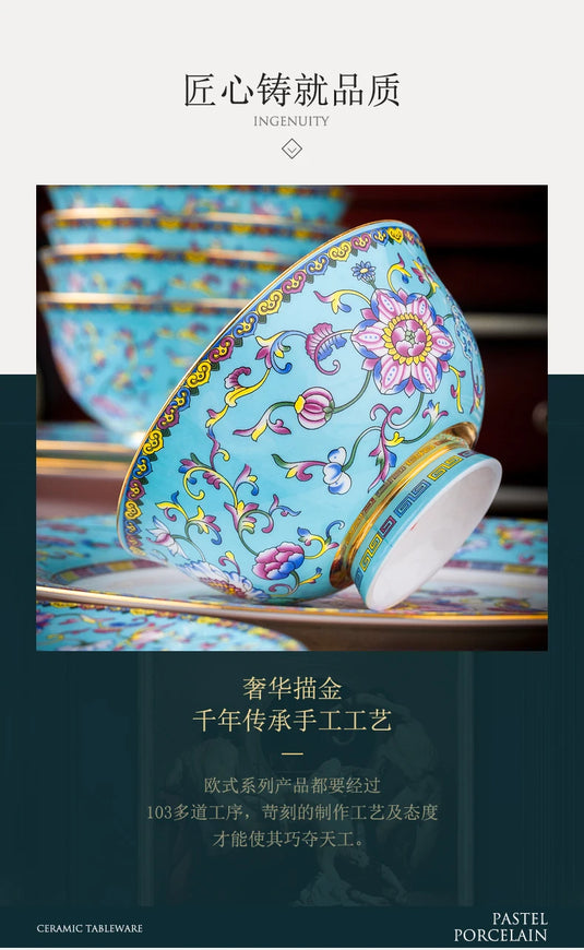 Ensemble de bols et plats Jingdezhen ensemble de vaisselle en céramique émaillée de couleur palais ensemble de vaisselle en os ensemble de vaisselle en os combinaison d'assiettes