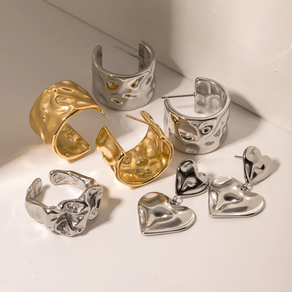 Trendy 18K Stainless Steel Gold Plated Wide Hammer Grain Hoop Earrings Tarnish Free Temperament Charm Jewelry aretes de mujer