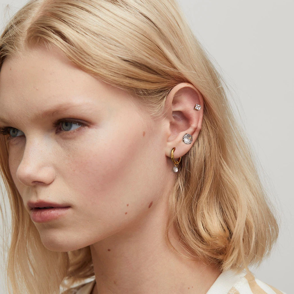 3 Pairs Per Card Stainless Steel White Zircon With Plain Circle Hoop Earrings 18K PVD Plated Anti Allergic Rust Proof Jewelry