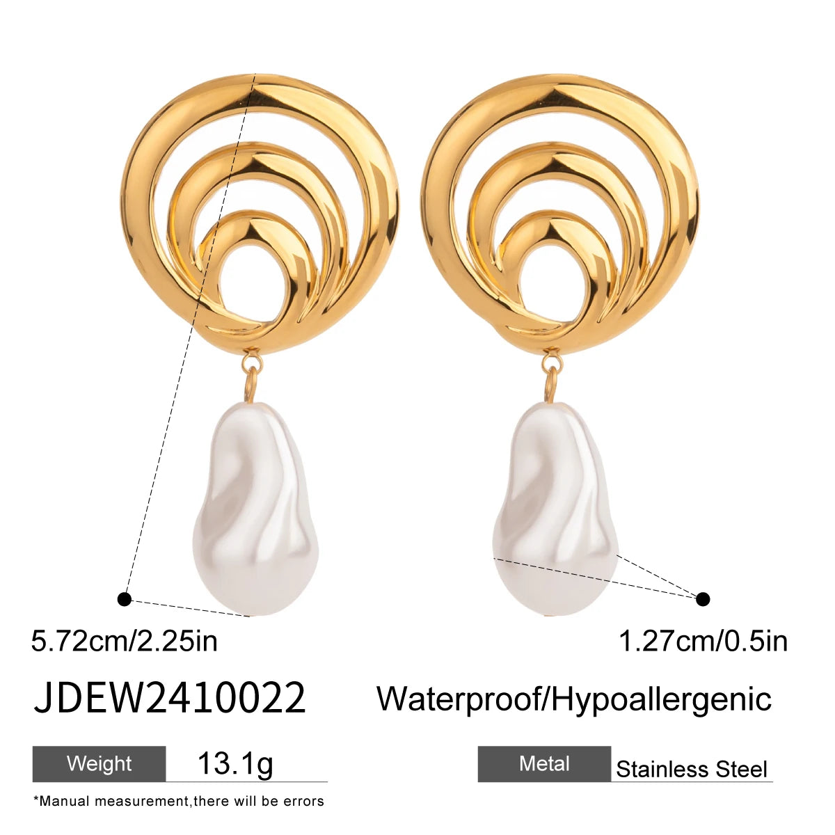 Pendientes colgantes de perla hueca con diseño en espiral impermeable de acero inoxidable 18K para mujer, joyería de declaración elegante de metal con encanto moderno