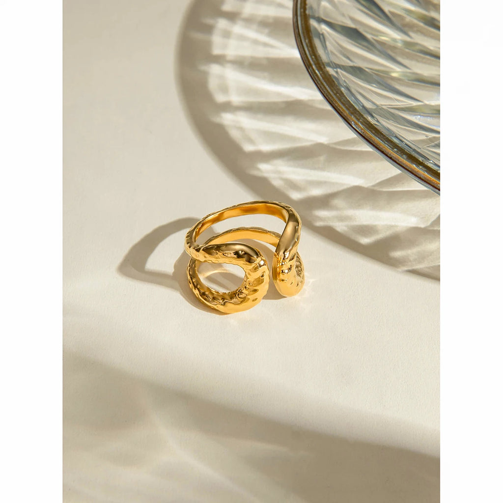 18k guldbelagt stilfuldt unikt enkelt dobbeltlags hammerkorn åben ring rustfrit stål anti-allergene smykker til kvinder