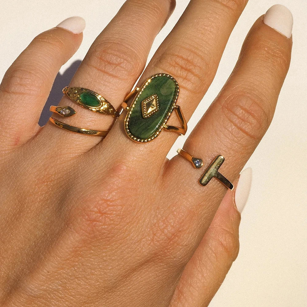 Vintage Oval Design Natural Stone Open Ring For Women Exaggerated Stainless Steel Waterproof Adjustable Jewelry Gift