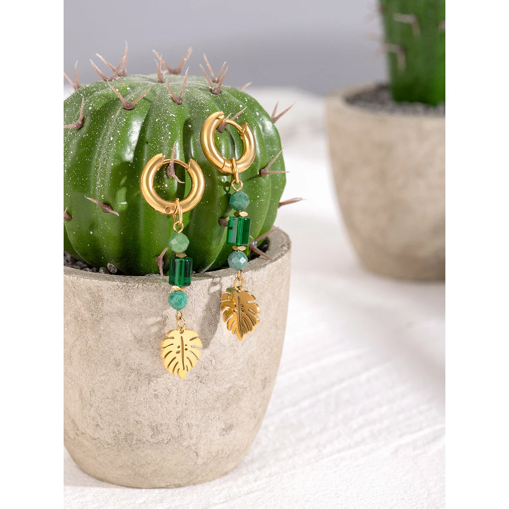 Boucles d'oreilles créoles feuille en cristal de pierre naturelle plaquées or 18 carats pour femmes, bijoux de mode en acier inoxydable de haute qualité, cadeau de gala