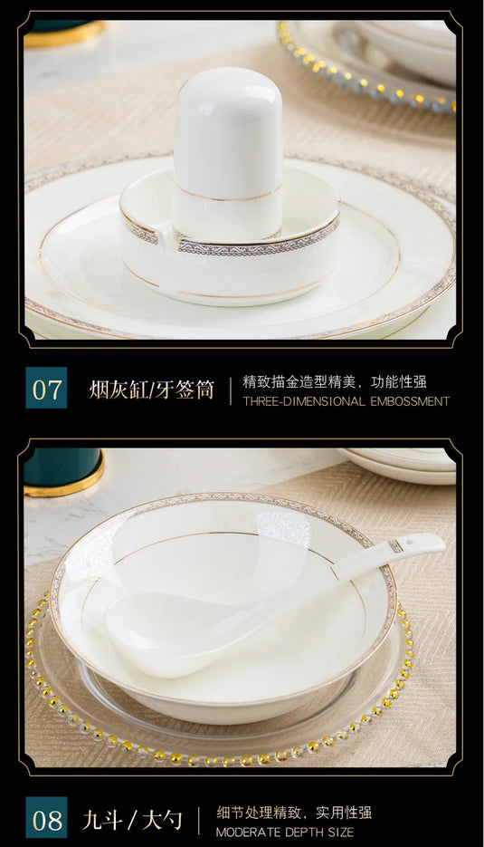 Jingdezhen European Style Simple Gold Border 56 Head Bone Porcelain Tableware Ceramic Bowl and Plate Combination