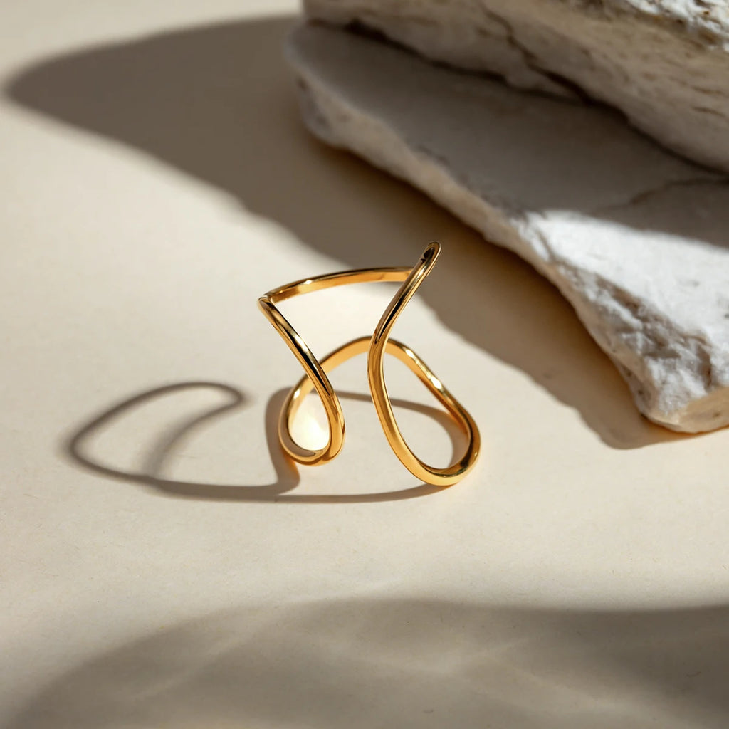 Anillo de apertura con líneas geométricas minimalistas de acero inoxidable, chapado en oro de 18K, a prueba de óxido, encanto de temperamento libre, joyería bijoux