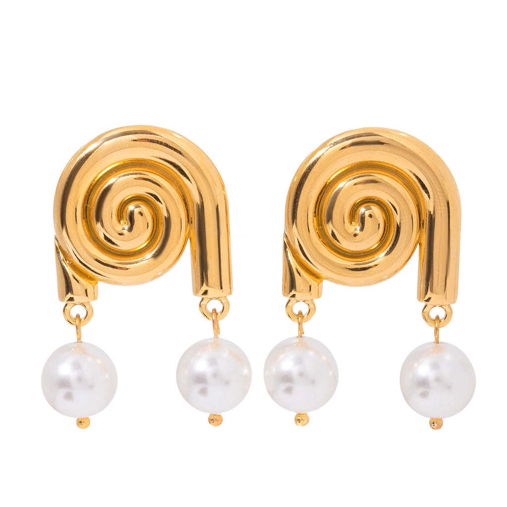 Personalisierte 18K Edelstahl Spiralförmige Gestreifte Conch Glas Perlen Hängende Ohrringe Damen Anti-Allergisch Eleganter Trendiger Schmuck