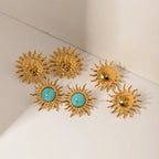 18k Gold Plated Stainless Steel Turquoise Inlay Sunflower Shaped Dangle Earrings Stylish Trendy Waterproof Jewelry for Women