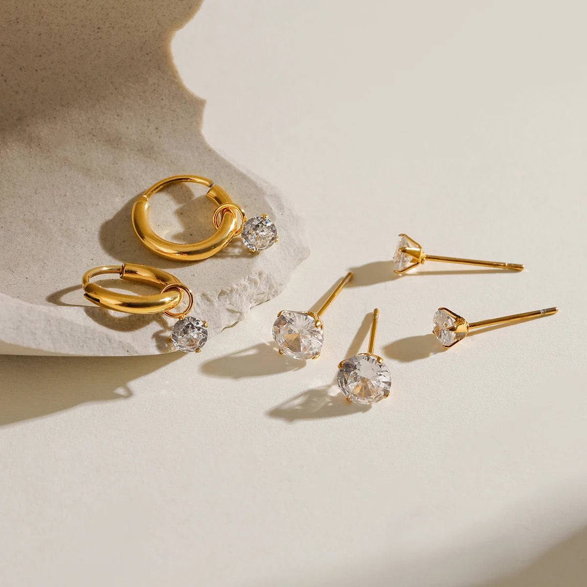 3 Pairs Per Card Stainless Steel White Zircon With Plain Circle Hoop Earrings 18K PVD Plated Anti Allergic Rust Proof Jewelry