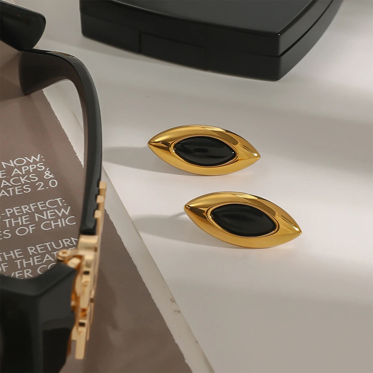 Let luksus 18k forgyldt rustfrit stål Glat hesteøje sort agat øreringe kvinder forebygger allergi smykker