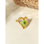 Edelstahl 18K PVD-beschichteter Liebesherzförmiger Blumenring mit getrockneter grüner Pflaume für Damen, Sandstrand, hochwertiger Charmschmuck