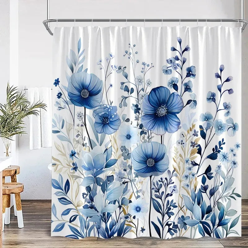 Blue Leaves Shower Curtain Watercolour Plant Eucalyptus Leaf Modern Simple Home Bathroom Decor Fabric Bath Curtains With Hooks